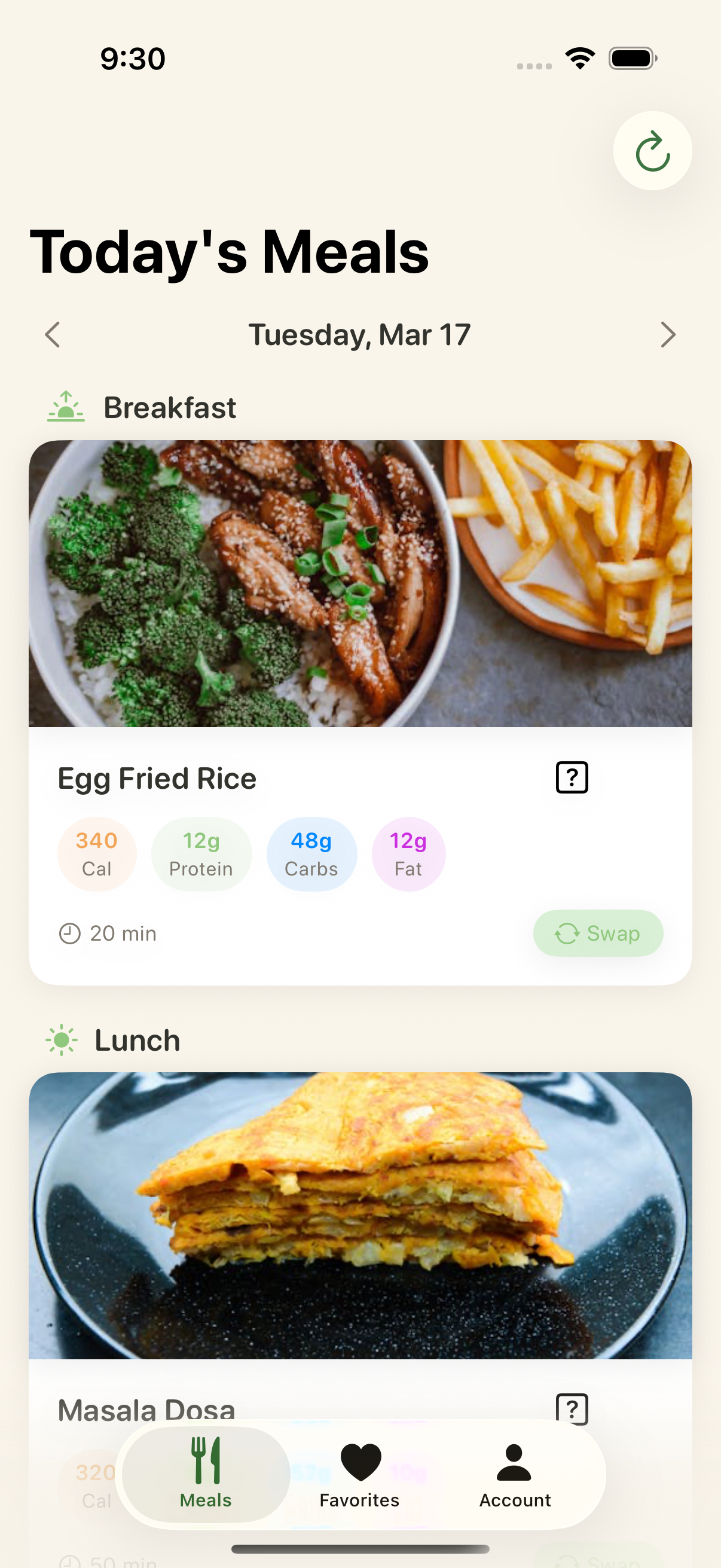 Grubly app showing Today's Meals with breakfast and lunch recommendations including calories and macros